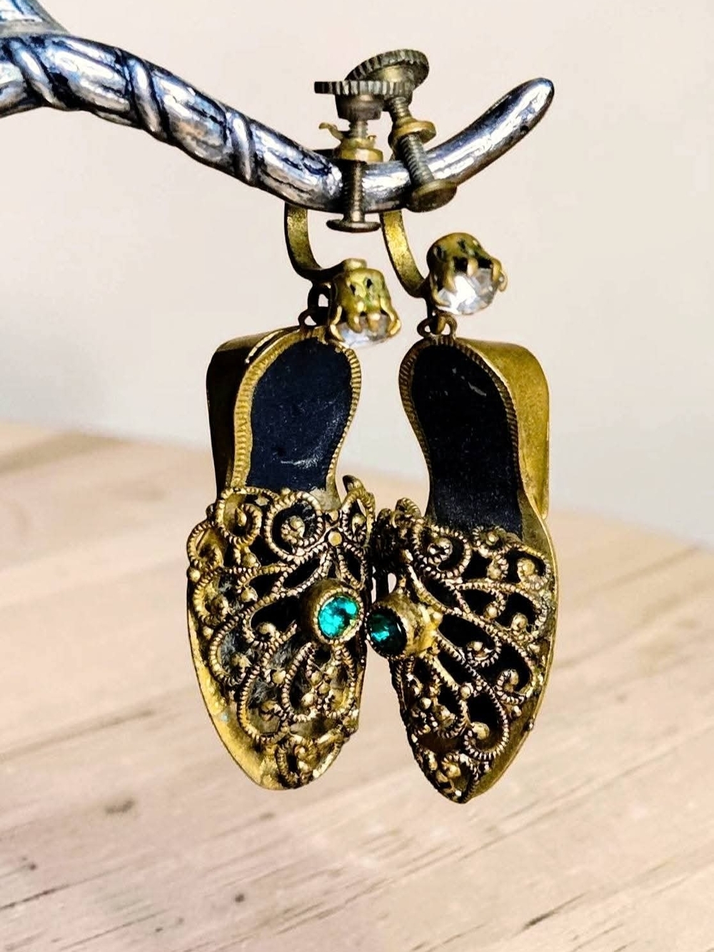 Vintage Brass Filigree Slipper Dangle Earrings Screw Back Mid Century Earrings